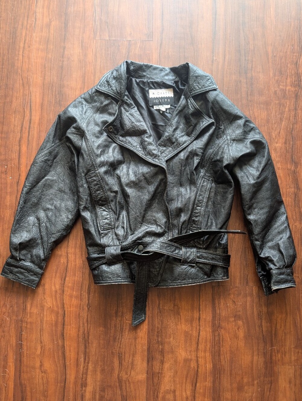 michael joseph Vtg 80s belted Black leather bomber Biker jacket size XS